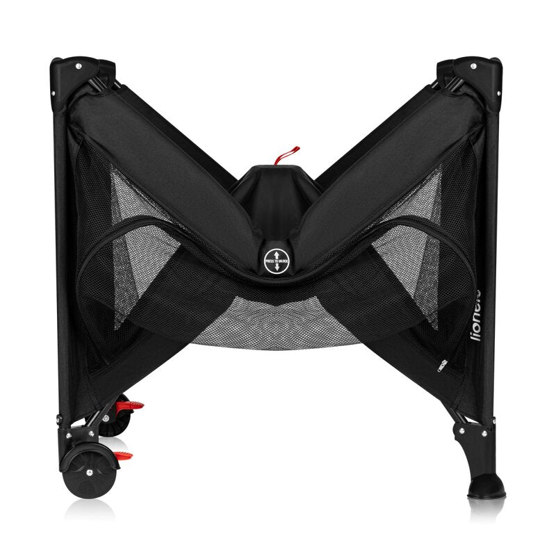 Patut pliant, Lionelo, Laura, 102 x 74 cm, Cu doua nivele, Functie de tarc, Cu roti, Include salteluta si geanta de transport, Pereti din plasa, Deschidere laterala, Pana la 15 kg, 0 luni +, Negru
