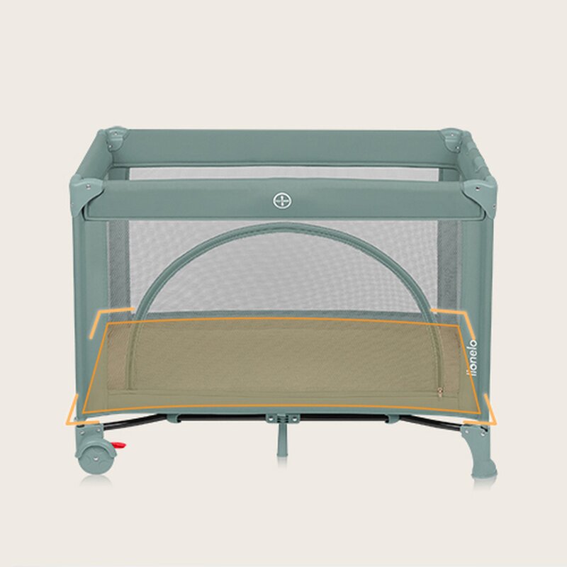 Patut pliant, Lionelo, Laura, 102 x 74 cm, Cu doua nivele, Functie de tarc, Cu roti, Include salteluta si geanta de transport, Pereti din plasa, Deschidere laterala, Pana la 15 kg, 0 luni +, Verde