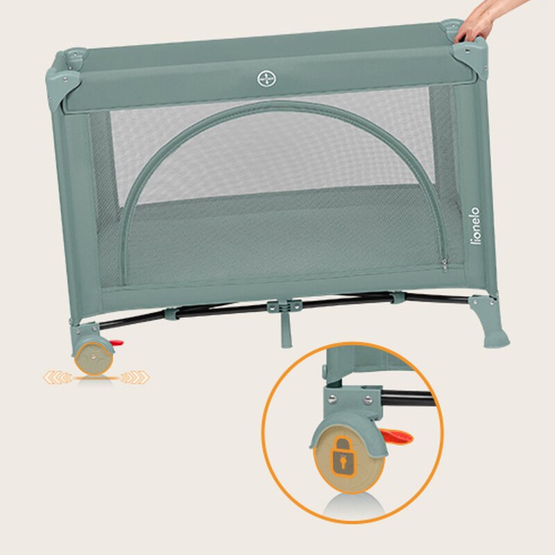 Patut pliant, Lionelo, Laura, 102 x 74 cm, Cu doua nivele, Functie de tarc, Cu roti, Include salteluta si geanta de transport, Pereti din plasa, Deschidere laterala, Pana la 15 kg, 0 luni +, Verde