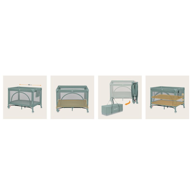Patut pliant, Lionelo, Laura, 102 x 74 cm, Cu doua nivele, Functie de tarc, Cu roti, Include salteluta si geanta de transport, Pereti din plasa, Deschidere laterala, Pana la 15 kg, 0 luni +, Verde