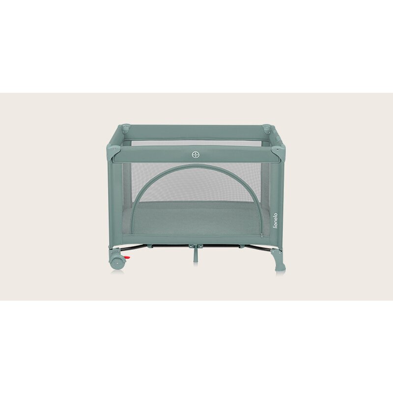 Patut pliant, Lionelo, Laura, 102 x 74 cm, Cu doua nivele, Functie de tarc, Cu roti, Include salteluta si geanta de transport, Pereti din plasa, Deschidere laterala, Pana la 15 kg, 0 luni +, Verde
