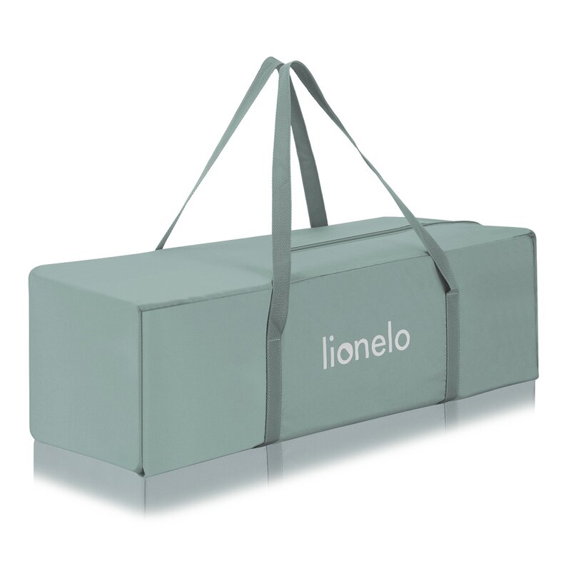 Patut pliant, Lionelo, Laura, 102 x 74 cm, Cu doua nivele, Functie de tarc, Cu roti, Include salteluta si geanta de transport, Pereti din plasa, Deschidere laterala, Pana la 15 kg, 0 luni +, Verde