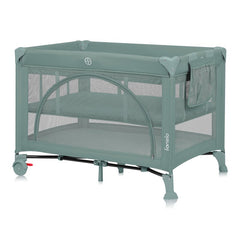 Patut pliant, Lionelo, Laura, 102 x 74 cm, Cu doua nivele, Functie de tarc, Cu roti, Include salteluta si geanta de transport, Pereti din plasa, Deschidere laterala, Pana la 15 kg, 0 luni +, Verde