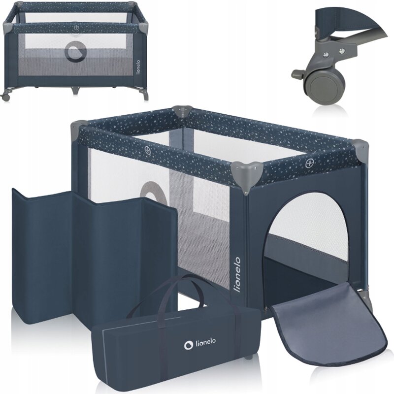 Patut pliant, Lionelo, Stefi, Cu un nivel, Cu intrare laterala cu fermoar, 2 roti, 120x60 cm, Conform cu standardul european de securitate EN 716, Albastru