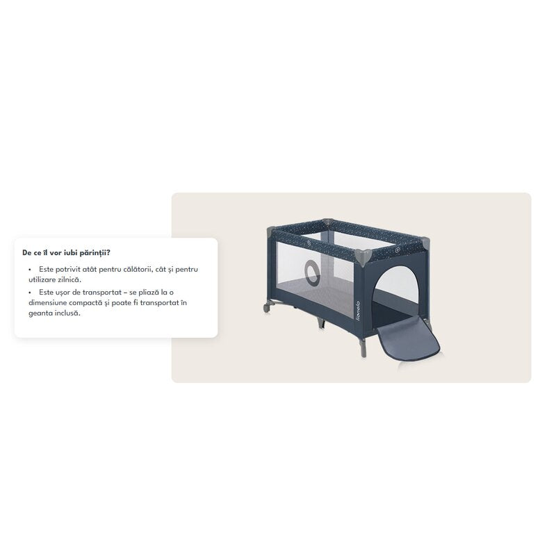 Patut pliant, Lionelo, Stefi, Cu un nivel, Cu intrare laterala cu fermoar, 2 roti, 120x60 cm, Conform cu standardul european de securitate EN 716, Albastru