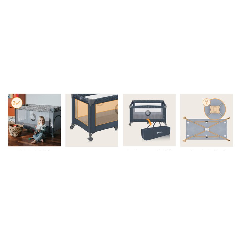 Patut pliant, Lionelo, Stefi, Cu un nivel, Cu intrare laterala cu fermoar, 2 roti, 120x60 cm, Conform cu standardul european de securitate EN 716, Albastru