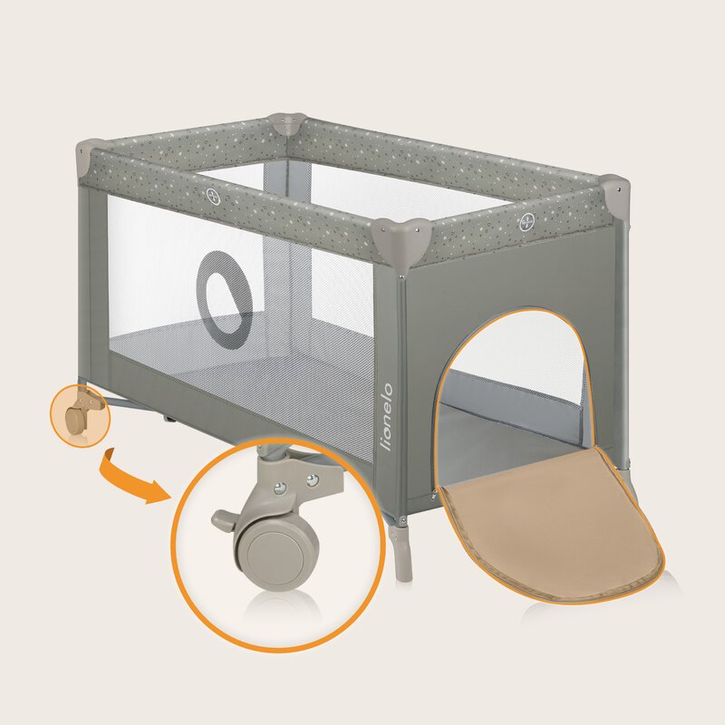 Patut pliant, Lionelo, Stefi, Cu un nivel, Cu intrare laterala cu fermoar, 2 roti, 120x60 cm, Conform cu standardul european de securitate EN 716, Bej - gogobaby.ro