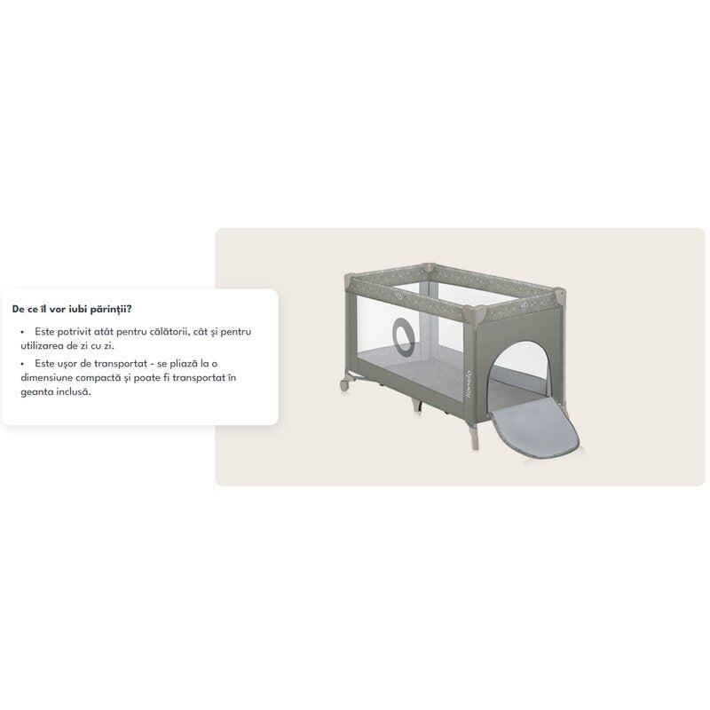 Patut pliant, Lionelo, Stefi, Cu un nivel, Cu intrare laterala cu fermoar, 2 roti, 120x60 cm, Conform cu standardul european de securitate EN 716, Bej - gogobaby.ro