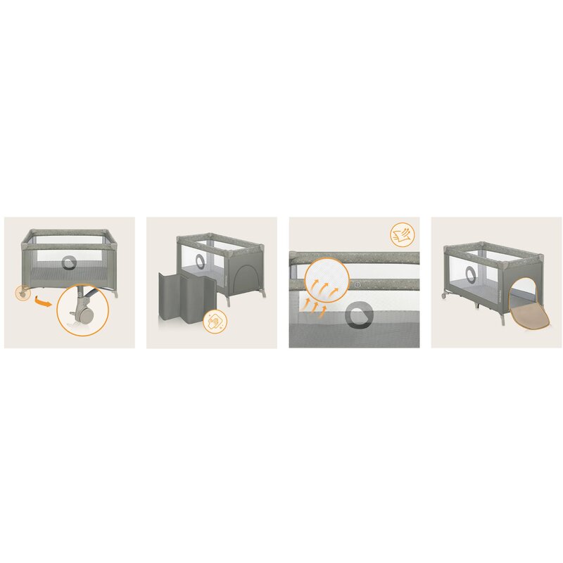 Patut pliant, Lionelo, Stefi, Cu un nivel, Cu intrare laterala cu fermoar, 2 roti, 120x60 cm, Conform cu standardul european de securitate EN 716, Bej - gogobaby.ro