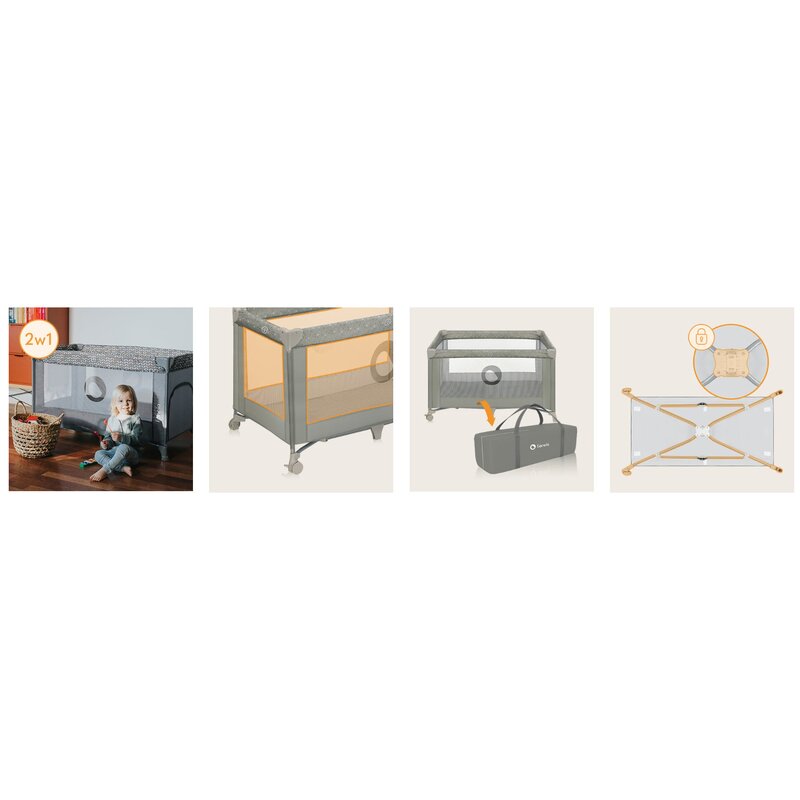 Patut pliant, Lionelo, Stefi, Cu un nivel, Cu intrare laterala cu fermoar, 2 roti, 120x60 cm, Conform cu standardul european de securitate EN 716, Bej - gogobaby.ro