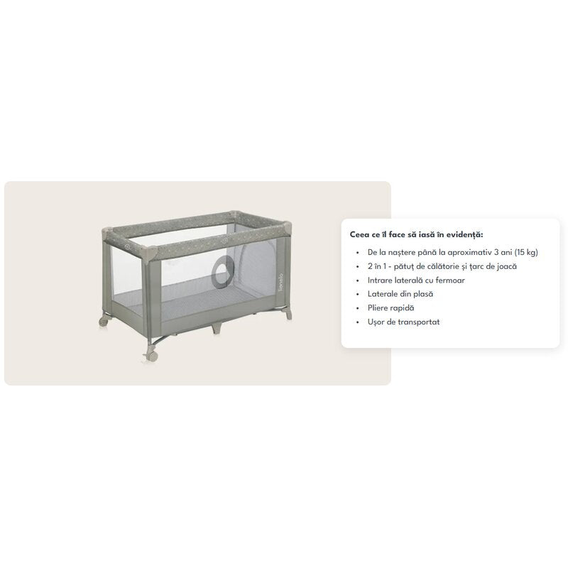 Patut pliant, Lionelo, Stefi, Cu un nivel, Cu intrare laterala cu fermoar, 2 roti, 120x60 cm, Conform cu standardul european de securitate EN 716, Bej - gogobaby.ro