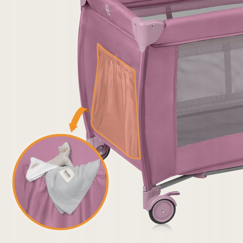 Patut pliant, Lionelo, Stefi Plus, Cu doua nivele, Cu intrare laterala cu fermoar, 2 roti, 120 x 60 cm, Conform cu standardul european de securitate EN 716, Roz - gogobaby.ro