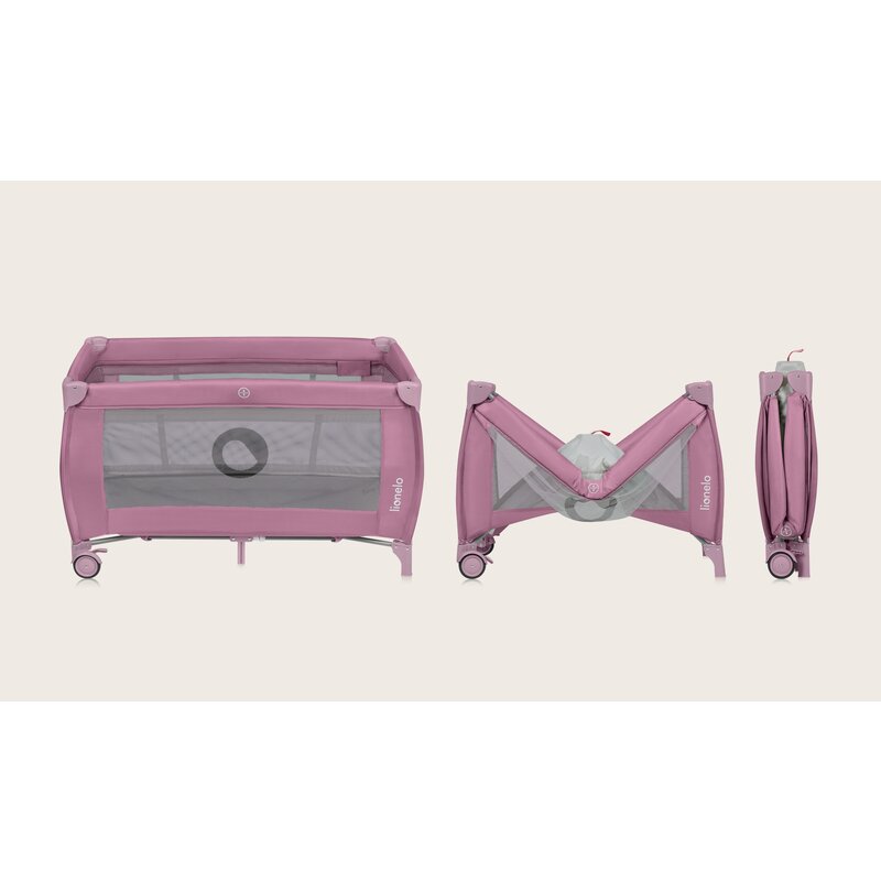 Patut pliant, Lionelo, Stefi Plus, Cu doua nivele, Cu intrare laterala cu fermoar, 2 roti, 120 x 60 cm, Conform cu standardul european de securitate EN 716, Roz