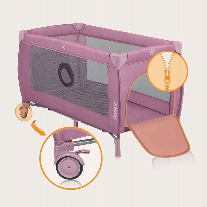 Patut pliant, Lionelo, Stefi Plus, Cu doua nivele, Cu intrare laterala cu fermoar, 2 roti, 120 x 60 cm, Conform cu standardul european de securitate EN 716, Roz - gogobaby.ro