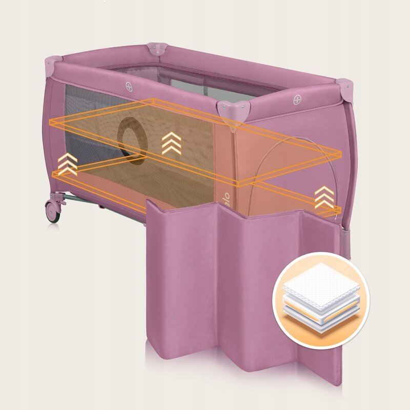 Patut pliant, Lionelo, Stefi Plus, Cu doua nivele, Cu intrare laterala cu fermoar, 2 roti, 120 x 60 cm, Conform cu standardul european de securitate EN 716, Roz - gogobaby.ro