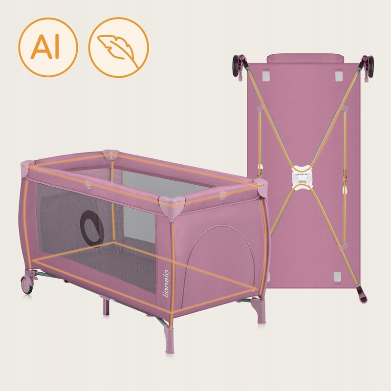 Patut pliant, Lionelo, Stefi Plus, Cu doua nivele, Cu intrare laterala cu fermoar, 2 roti, 120 x 60 cm, Conform cu standardul european de securitate EN 716, Roz - gogobaby.ro