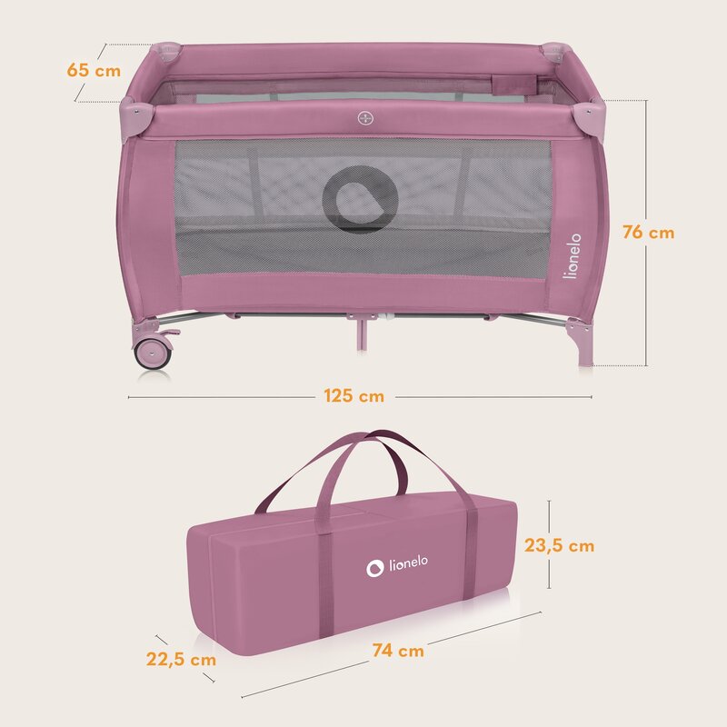Patut pliant, Lionelo, Stefi Plus, Cu doua nivele, Cu intrare laterala cu fermoar, 2 roti, 120 x 60 cm, Conform cu standardul european de securitate EN 716, Roz - gogobaby.ro