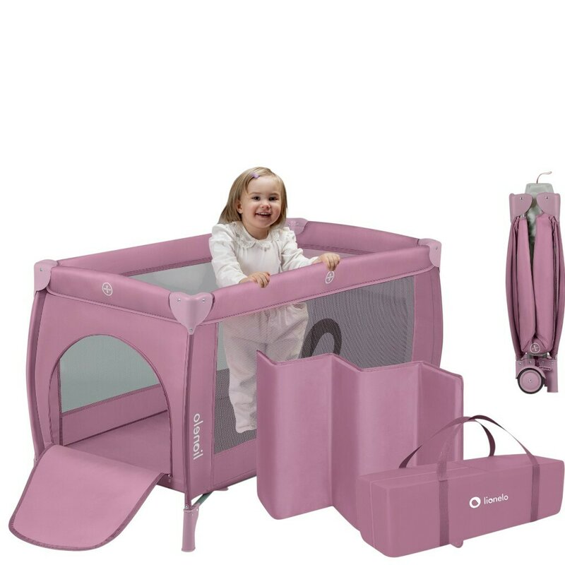 Patut pliant, Lionelo, Stefi Plus, Cu doua nivele, Cu intrare laterala cu fermoar, 2 roti, 120 x 60 cm, Conform cu standardul european de securitate EN 716, Roz - gogobaby.ro