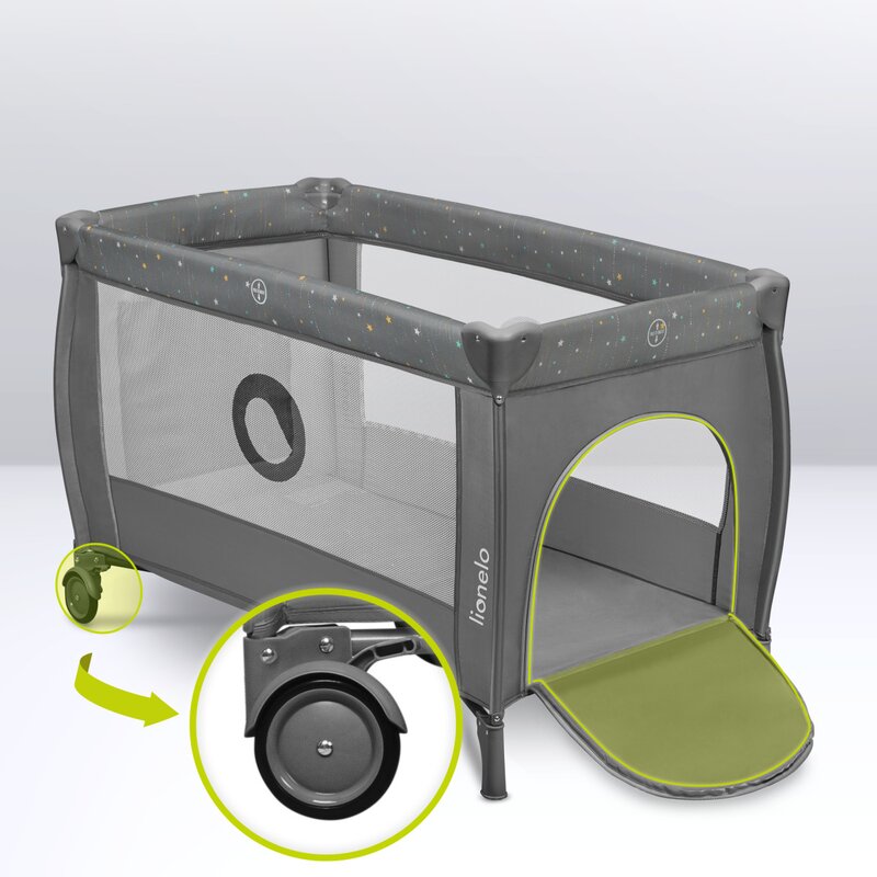 Patut pliant, Lionelo, Stefi Plus, Cu doua nivele, Cu intrare laterala cu fermoar, 2 roti, 120 x 60 cm, Conform cu standardul european de securitate EN 716, Verde Olive