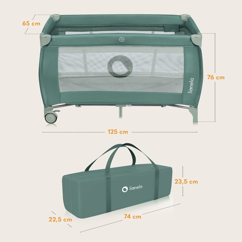 Patut pliant, Lionelo, Stefi Plus, Cu doua nivele, Cu intrare laterala cu fermoar, 2 roti, 120 x 60 cm, Conform cu standardul european de securitate EN 716, Verde Olive