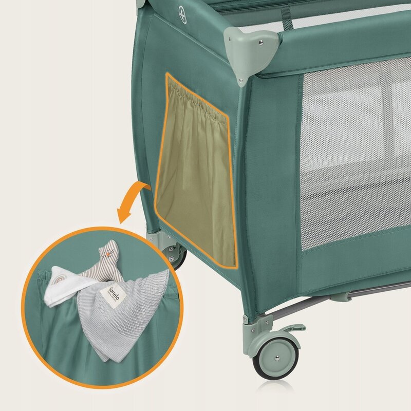Patut pliant, Lionelo, Stefi Plus, Cu doua nivele, Cu intrare laterala cu fermoar, 2 roti, 120 x 60 cm, Conform cu standardul european de securitate EN 716, Verde Olive