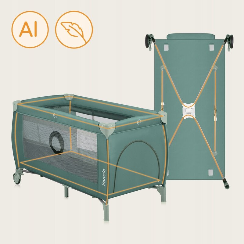 Patut pliant, Lionelo, Stefi Plus, Cu doua nivele, Cu intrare laterala cu fermoar, 2 roti, 120 x 60 cm, Conform cu standardul european de securitate EN 716, Verde Olive