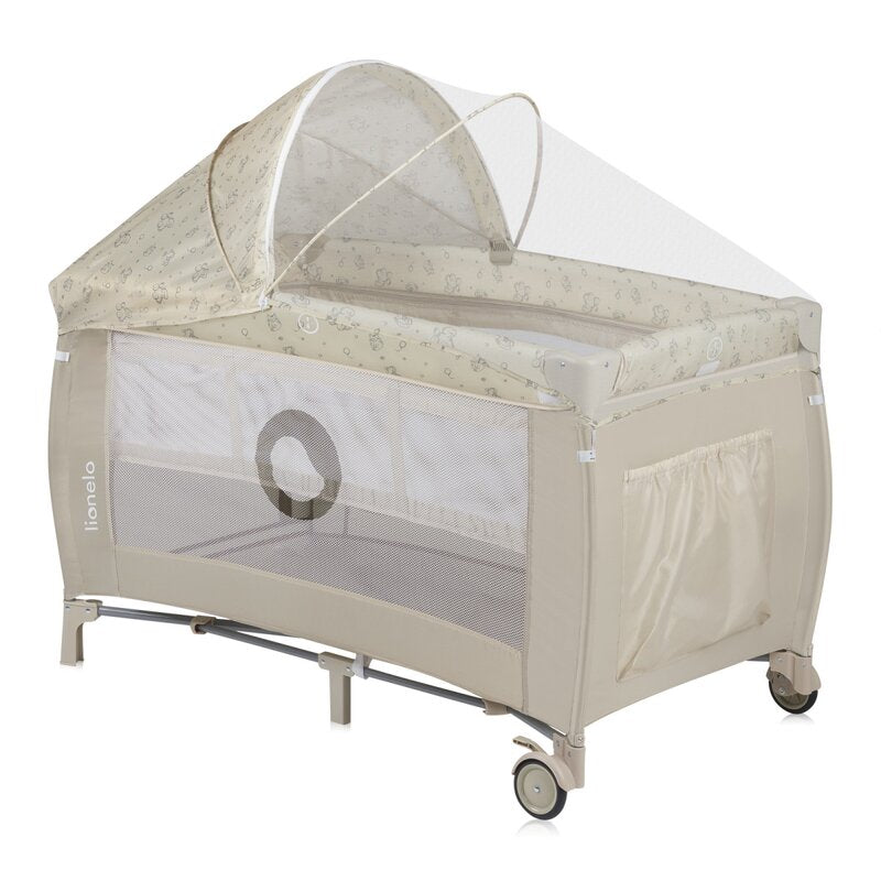 Patut pliant, Lionelo, Sven Plus, 120x60 cm, Cu doua nivele, Cu arcada jucarii, masuta de infasat, vibratii, melodii, conform cu standardele europeane de securitate EN716 si EN12221, Bej Latte