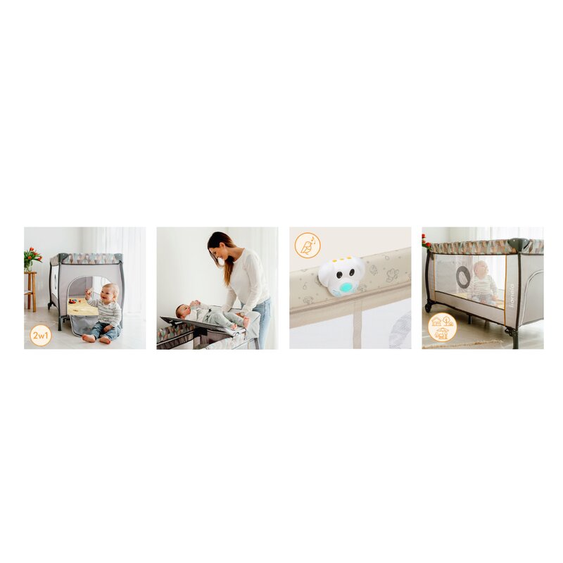 Patut pliant, Lionelo, Sven Plus, 120x60 cm, Cu doua nivele, Cu arcada jucarii, masuta de infasat, vibratii, melodii, conform cu standardele europeane de securitate EN716 si EN12221, Bej Latte