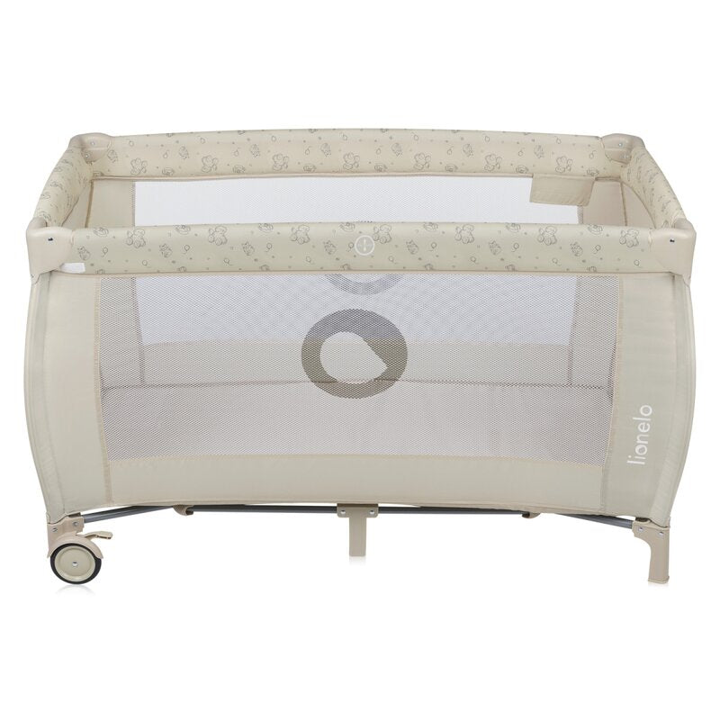 Patut pliant, Lionelo, Sven Plus, 120x60 cm, Cu doua nivele, Cu arcada jucarii, masuta de infasat, vibratii, melodii, conform cu standardele europeane de securitate EN716 si EN12221, Bej Latte