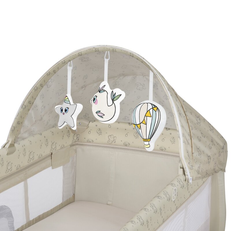 Patut pliant, Lionelo, Sven Plus, 120x60 cm, Cu doua nivele, Cu arcada jucarii, masuta de infasat, vibratii, melodii, conform cu standardele europeane de securitate EN716 si EN12221, Bej Latte