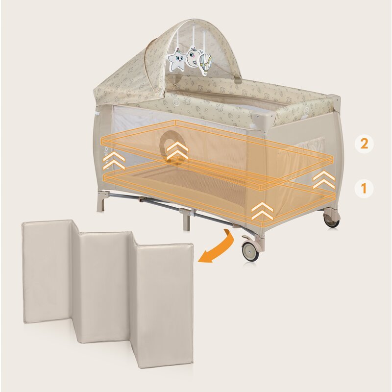 Patut pliant, Lionelo, Sven Plus, 120x60 cm, Cu doua nivele, Cu arcada jucarii, masuta de infasat, vibratii, melodii, conform cu standardele europeane de securitate EN716 si EN12221, Bej Latte