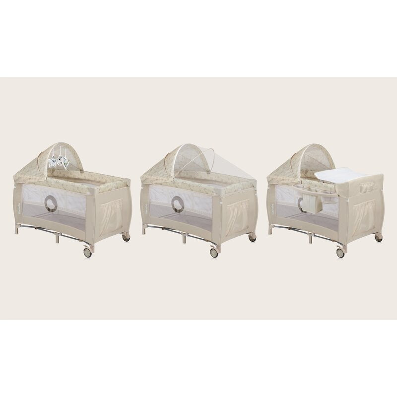 Patut pliant, Lionelo, Sven Plus, 120x60 cm, Cu doua nivele, Cu arcada jucarii, masuta de infasat, vibratii, melodii, conform cu standardele europeane de securitate EN716 si EN12221, Bej Latte