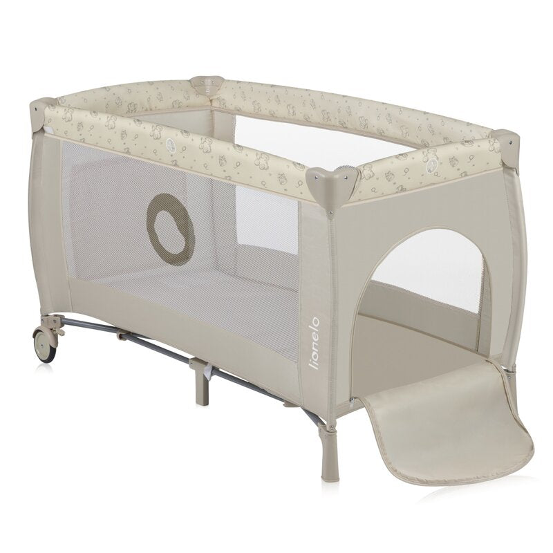 Patut pliant, Lionelo, Sven Plus, 120x60 cm, Cu doua nivele, Cu arcada jucarii, masuta de infasat, vibratii, melodii, conform cu standardele europeane de securitate EN716 si EN12221, Bej Latte