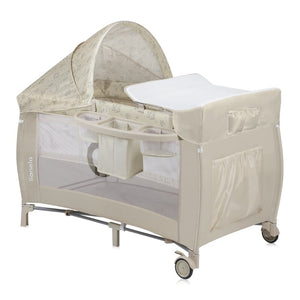 Patut pliant, Lionelo, Sven Plus, 120x60 cm, Cu doua nivele, Cu arcada jucarii, masuta de infasat, vibratii, melodii, conform cu standardele europeane de securitate EN716 si EN12221, Bej Latte