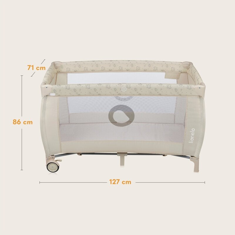 Patut pliant, Lionelo, Sven Plus, 120x60 cm, Cu doua nivele, Cu arcada jucarii, masuta de infasat, vibratii, melodii, conform cu standardele europeane de securitate EN716 si EN12221, Bej Latte