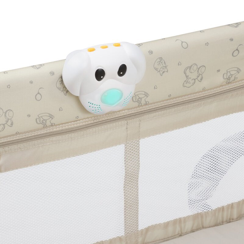 Patut pliant, Lionelo, Sven Plus, 120x60 cm, Cu doua nivele, Cu arcada jucarii, masuta de infasat, vibratii, melodii, conform cu standardele europeane de securitate EN716 si EN12221, Bej Latte