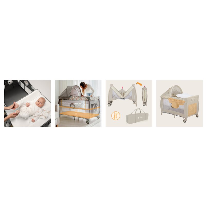 Patut pliant, Lionelo, Sven Plus, 120x60 cm, Cu doua nivele, Cu arcada jucarii, masuta de infasat, vibratii, melodii, conform cu standardele europeane de securitate EN716 si EN12221, Bej Latte
