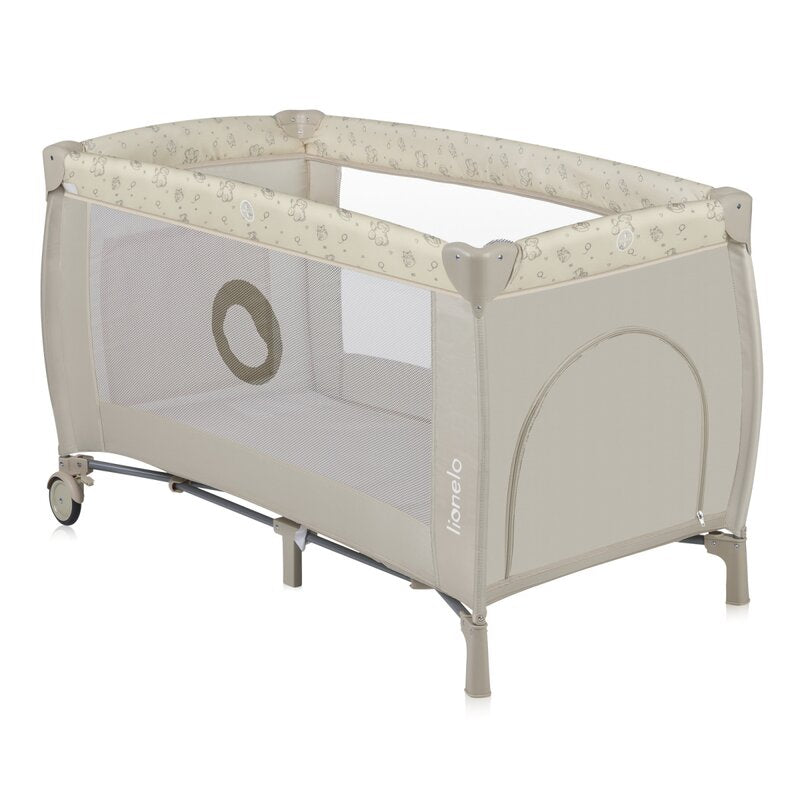 Patut pliant, Lionelo, Sven Plus, 120x60 cm, Cu doua nivele, Cu arcada jucarii, masuta de infasat, vibratii, melodii, conform cu standardele europeane de securitate EN716 si EN12221, Bej Latte