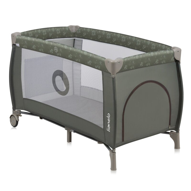 Patut pliant, Lionelo, Sven Plus, 120x60 cm, Cu doua nivele, Cu arcada jucarii, masuta de infasat, vibratii, melodii, conform cu standardele europeane de securitate EN716 si EN12221, Bej Olive