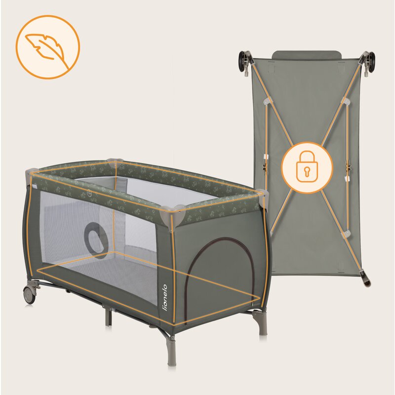 Patut pliant, Lionelo, Sven Plus, 120x60 cm, Cu doua nivele, Cu arcada jucarii, masuta de infasat, vibratii, melodii, conform cu standardele europeane de securitate EN716 si EN12221, Bej Olive