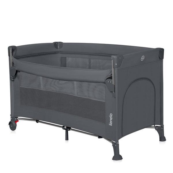 Patut pliant multifunctional, Lionelo, Ellen, Cu laterala culisanta, Nivel suplimentar, Intrare laterala cu fermoar, 2 roti, Saltea pliabila si geanta de transport incluse, 0- 36 luni, Pana la 15 kg, 120x60 cm, Conform cu EN 716, Negru
