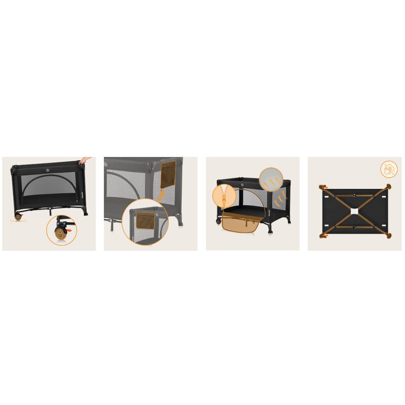 Patut pliant multifunctional, Lionelo, Ellen, Cu laterala culisanta, Nivel suplimentar, Intrare laterala cu fermoar, 2 roti, Saltea pliabila si geanta de transport incluse, 0- 36 luni, Pana la 15 kg, 120x60 cm, Conform cu EN 716, Negru