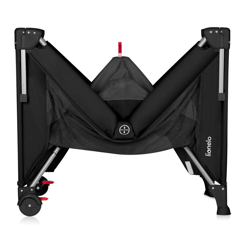 Patut pliant multifunctional, Lionelo, Ellen, Cu laterala culisanta, Nivel suplimentar, Intrare laterala cu fermoar, 2 roti, Saltea pliabila si geanta de transport incluse, 0- 36 luni, Pana la 15 kg, 120x60 cm, Conform cu EN 716, Negru