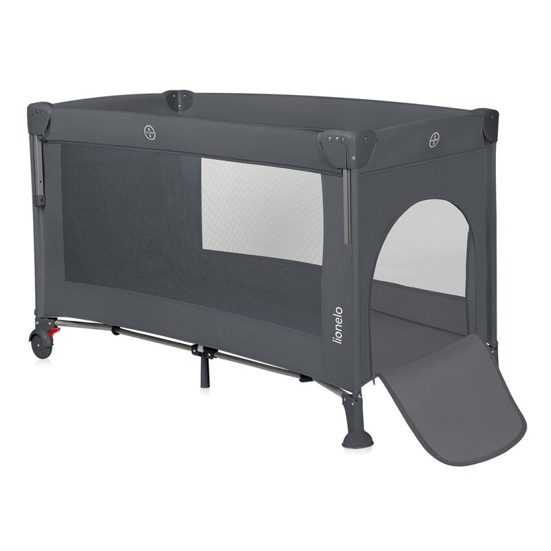 Patut pliant multifunctional, Lionelo, Ellen, Cu laterala culisanta, Nivel suplimentar, Intrare laterala cu fermoar, 2 roti, Saltea pliabila si geanta de transport incluse, 0- 36 luni, Pana la 15 kg, 120x60 cm, Conform cu EN 716, Gri