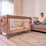 Patut pliant multifunctional, Lionelo, Ellen, Cu laterala culisanta, Nivel suplimentar, Intrare laterala cu fermoar, 2 roti, Saltea pliabila si geanta de transport incluse, 0- 36 luni, Pana la 15 kg, 120x60 cm, Conform cu EN 716, Gri
