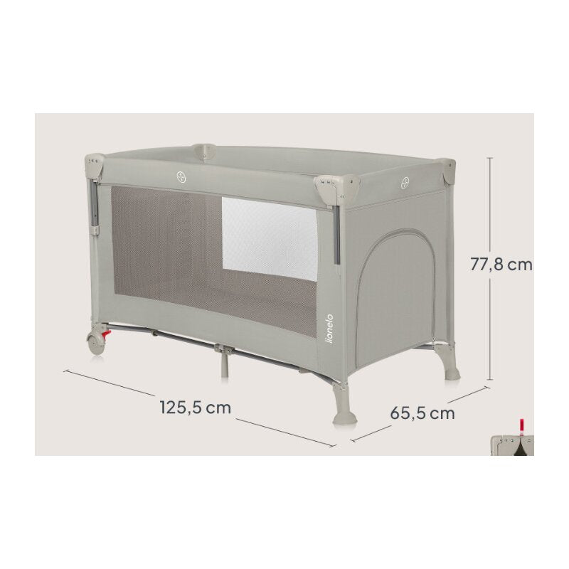 Patut pliant multifunctional, Lionelo, Ellen, Cu laterala culisanta, Nivel suplimentar, Intrare laterala cu fermoar, 2 roti, Saltea pliabila si geanta de transport incluse, 0- 36 luni, Pana la 15 kg, 120x60 cm, Conform cu EN 716, Gri