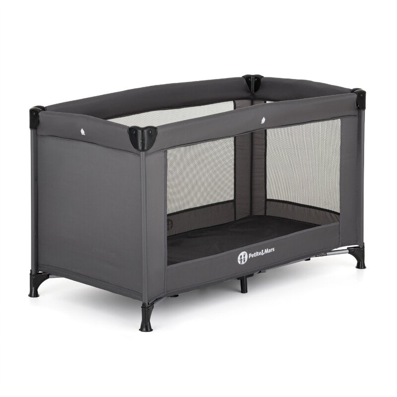 Patut pliant, Petite&Mars, Koot, 120 x 60 cm, Cu roti, Functie de tarc, Pliere compacta, Include geanta de transport, Intrare laterala cu fermoar, Pereti din plasa, Pana la 15 kg, 0-30 luni, Gri Charcoal