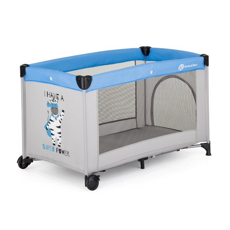 Patut pliant, Petite&Mars, Koot, 120 x 60 cm, Cu roti, Functie de tarc, Pliere compacta, Include geanta de transport, Intrare laterala cu fermoar, Pereti din plasa, Pana la 15 kg, 0-30 luni, Gri