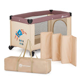 Patut pliant, Petite&Mars, Koot, 120 x 60 cm, Cu roti, Functie de tarc, Pliere compacta, Include geanta de transport, Intrare laterala cu fermoar, Pereti din plasa, Pana la 15 kg, 0-30 luni, Maro