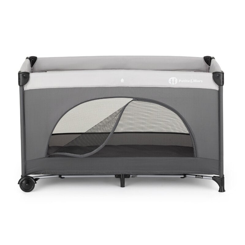 Patut pliant, Petite&Mars, Nyja, 120 x 60 cm, Cu roti, Functie de tarc, Pliere compacta, Include geanta de transport, Intrare laterala cu fermoar, Pereti din plasa, Pana la 15 kg, 0-30 luni, Gri